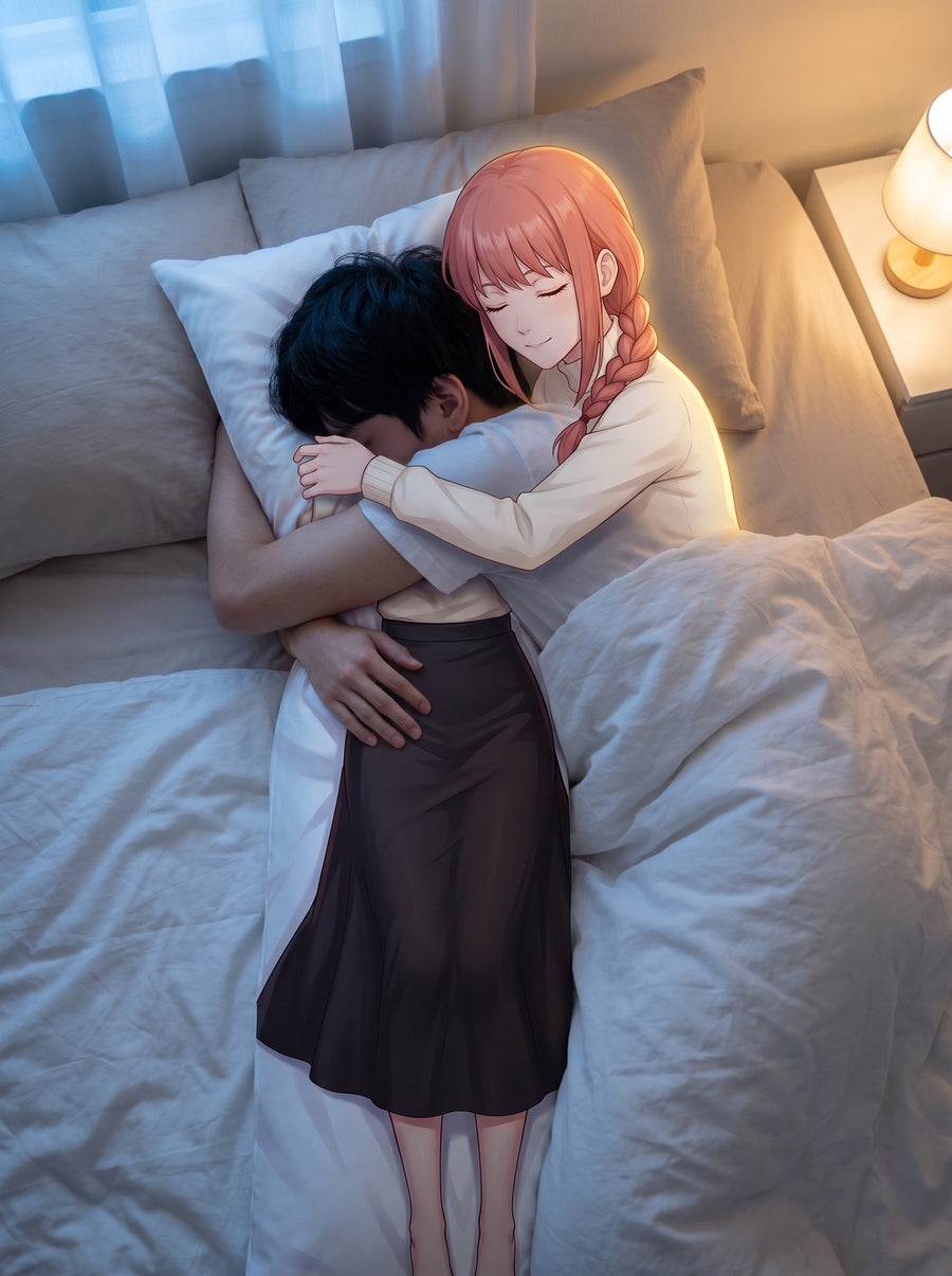 Anime character coming out of a dakimakura body pillow to hug a sleeping man at night